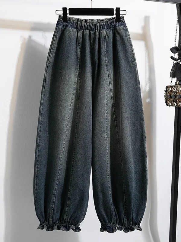 Women's High Waist Lantern Pants Flared Denim Micro plus Size Dad Jeans Floral Grommet Cuffed Trousers Autumn New Arrival