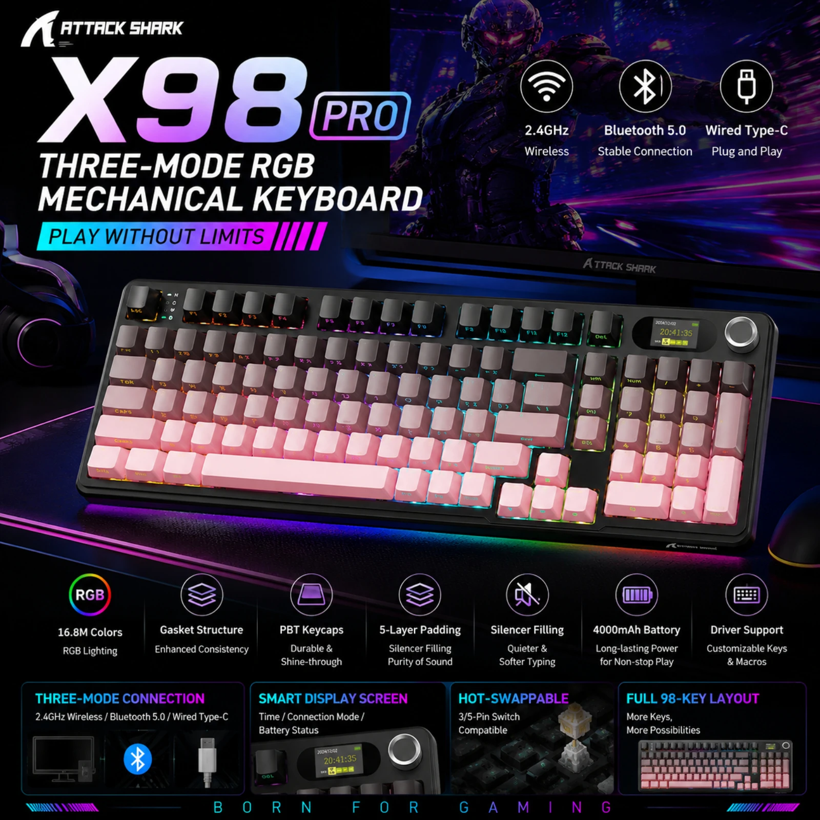 

Attack Shark X98 Pro Tri-Mode Wireless Mechanical Keyboard | 98 Keys LED Screen CNC Knob, Hot-Swap, Gasket Mount RGB for Gamers