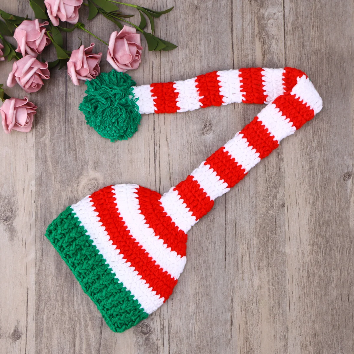 

Newborn Handmade Crochet Christmas Hat Dark Long Tail Baby Photo Prop Infant Photography Knit Hat for 0-10 Months
