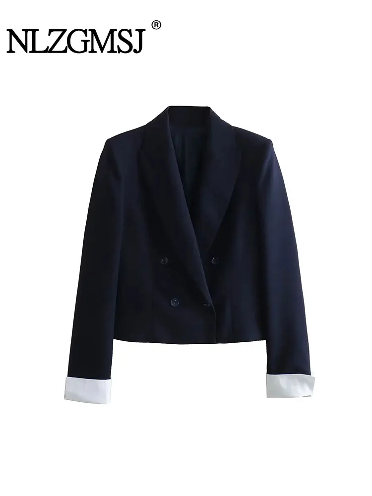 

TRAF 2024 Spring Cropped Blazer for Women Double Breasted Jacket Women Long Sleeve Office Blazers Woman Pads Shoulder Coat