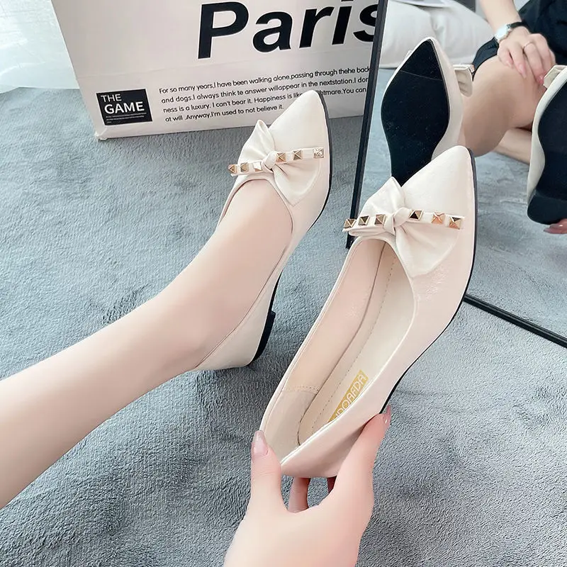 

With Bow Women's Flat Shoes Office Pointed Toe Ladies Footwear Genuine Mark Luxury Brand High Quality Fashion Social 39 Stylish