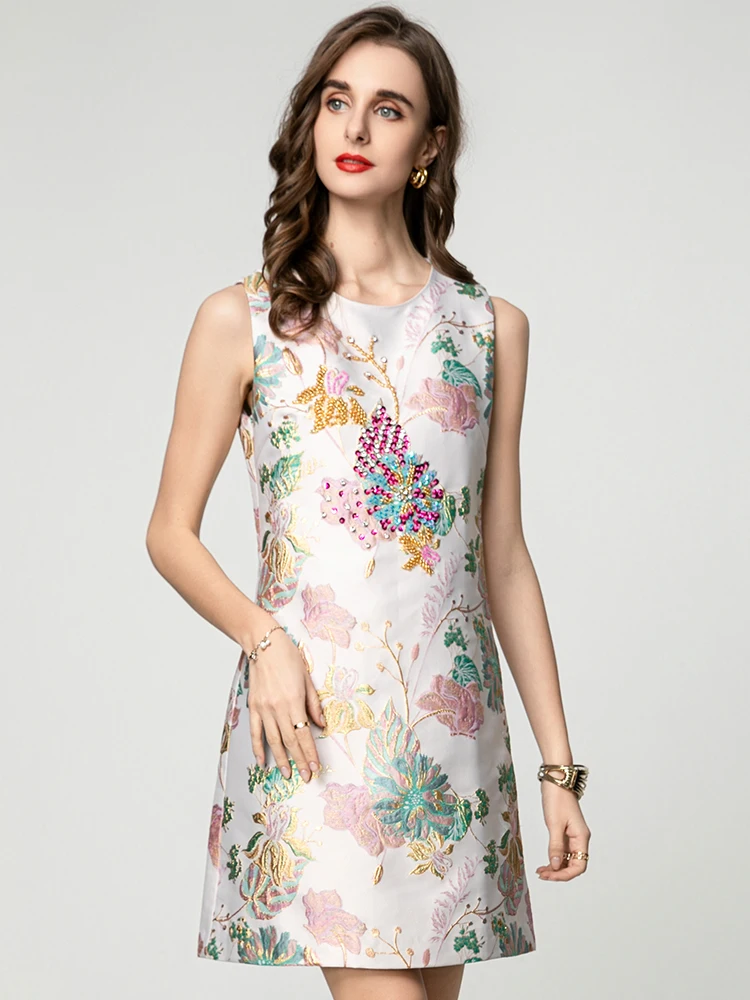 Seasixiang-vestido chaleco Jacquard con cuentas de lentejuelas para mujer, minivestido Vintage sin mangas con cuello redondo, moda de primavera para mujer