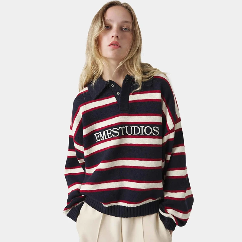 Eme Studios Polo Knit Sweater Unisex Cotton Thick Pullover Autumn Winter Men Women Loose Coat Long Sleeve Knitwear Stripe Tops