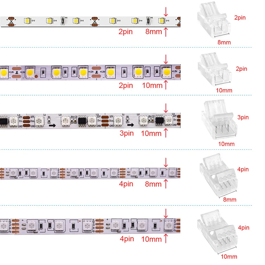 5Pcs LED Strip Light Connector RGB 2/3/4pin Wire Connector 8mm 10mm For SMD 5050 WS2811 Single Color and Multicolor Tape