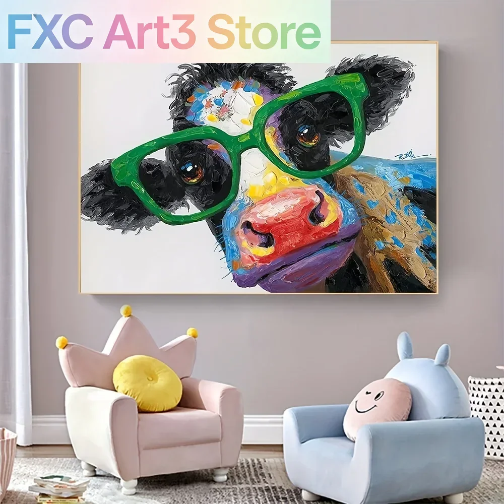 1pc frameless 1pc Colorful Graffiti Cow with Large Green Glasses Canvas Painting Wall Art Poster Farm Animal Kids Room Home Deco