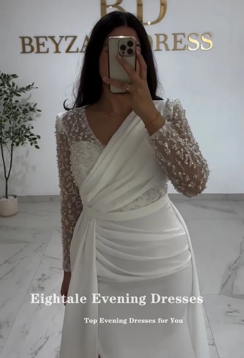 Eightale Abito da sera arabo con scollo a V maniche lunghe pieghe personalizzate Abito da cerimonia nuziale a sirena elastico Vestido De Noche
