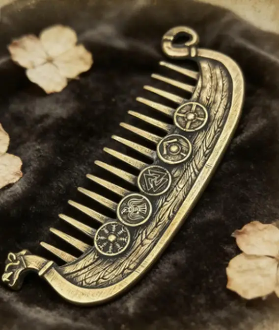 

Viking long handled beard comb - adorned with Nordic symbols, vintage Viking beard care tool