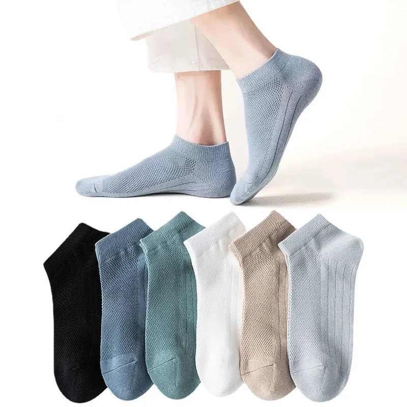 5 Pairs High Quality Men's Cotton Mesh Ankle Socks Solid Color Casual Male Boat Sock Summer Thin Breathable 2024 New Short Socks