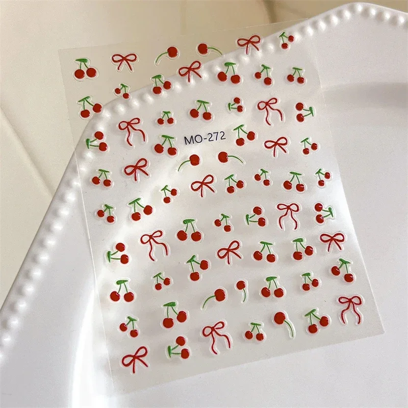 1pcs Kawaii Red Cherry Bow Nail Stickers 3D Cute Bow Fruit Back Adhesive Stickers Press On Nails DIY Nail Art Decorations Decals image 3