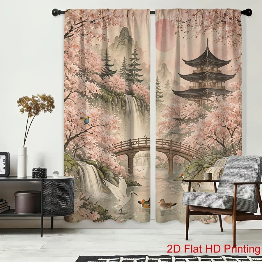 2PCS Digital Print Curtain, Japanese Cherry Blossom Pagoda Pattern, Oriental Landscape Style for Living Room Bedroom Home Decor