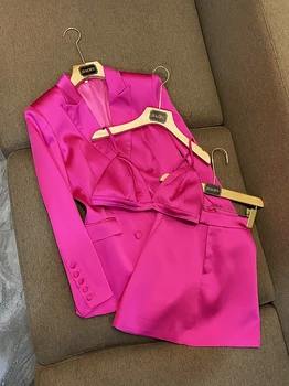 여성용 단색 더블 브레스트 블레이저 미니 스커트, 브래지어 포함, 2 가지 색상 옵션, 좋은 품질 새틴 슈트, 숙녀용 3 개