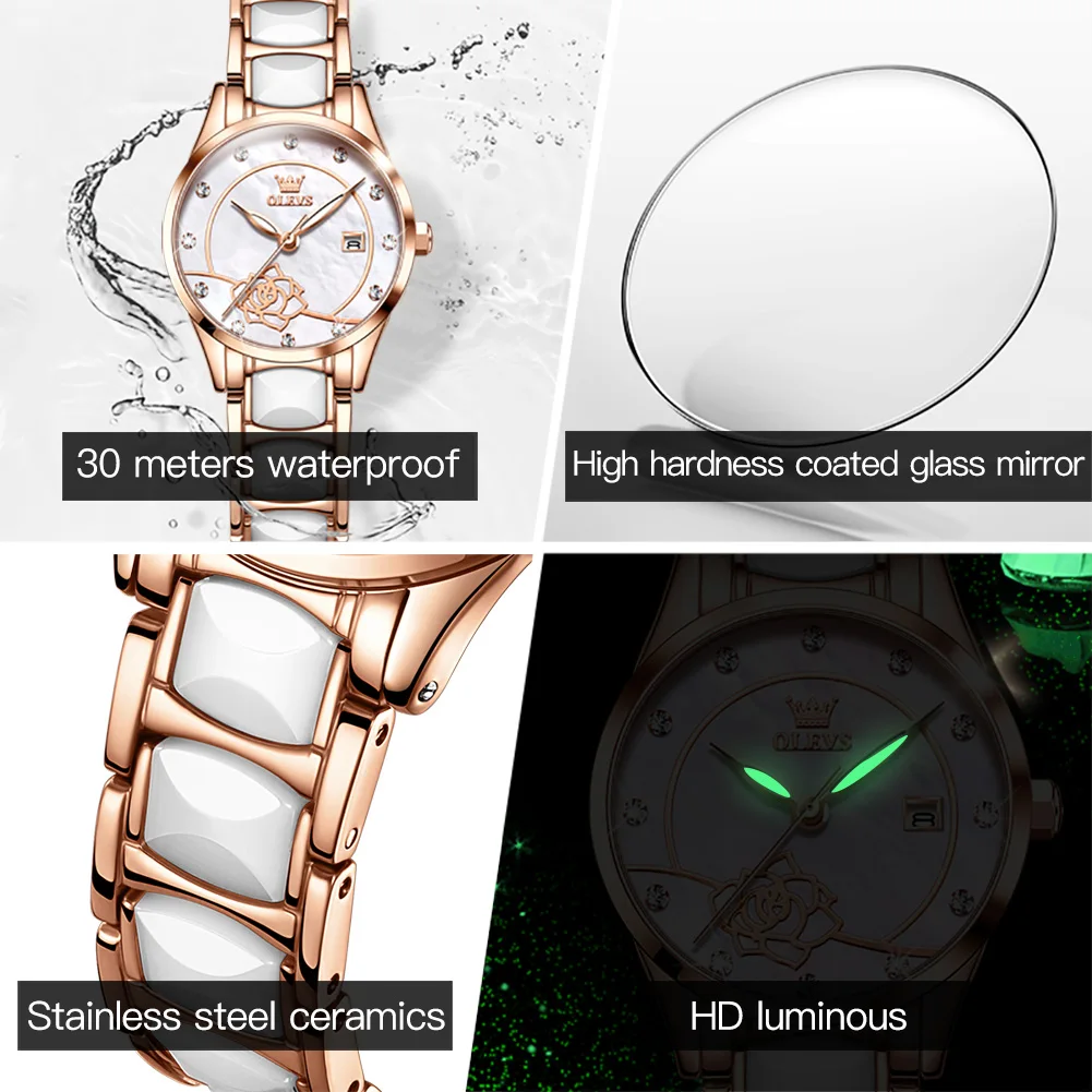 OLEVS 3606 Ladies Watch Luxury Quartz Wristwatch Ceramic Strap Camellia Dial Waterproof  Ladies Date Watch Set Original Reloj