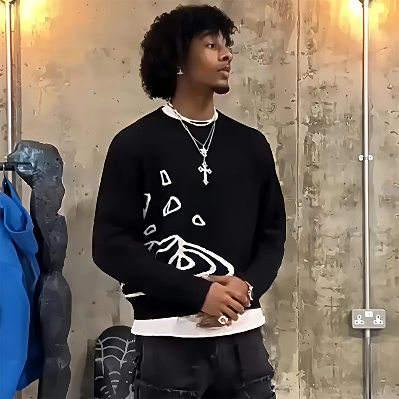 Autumn Winter Cartoon Jacquard Embroidered Logo Knitted round Neck Sweater American Street Style Couple Matching Knitwear