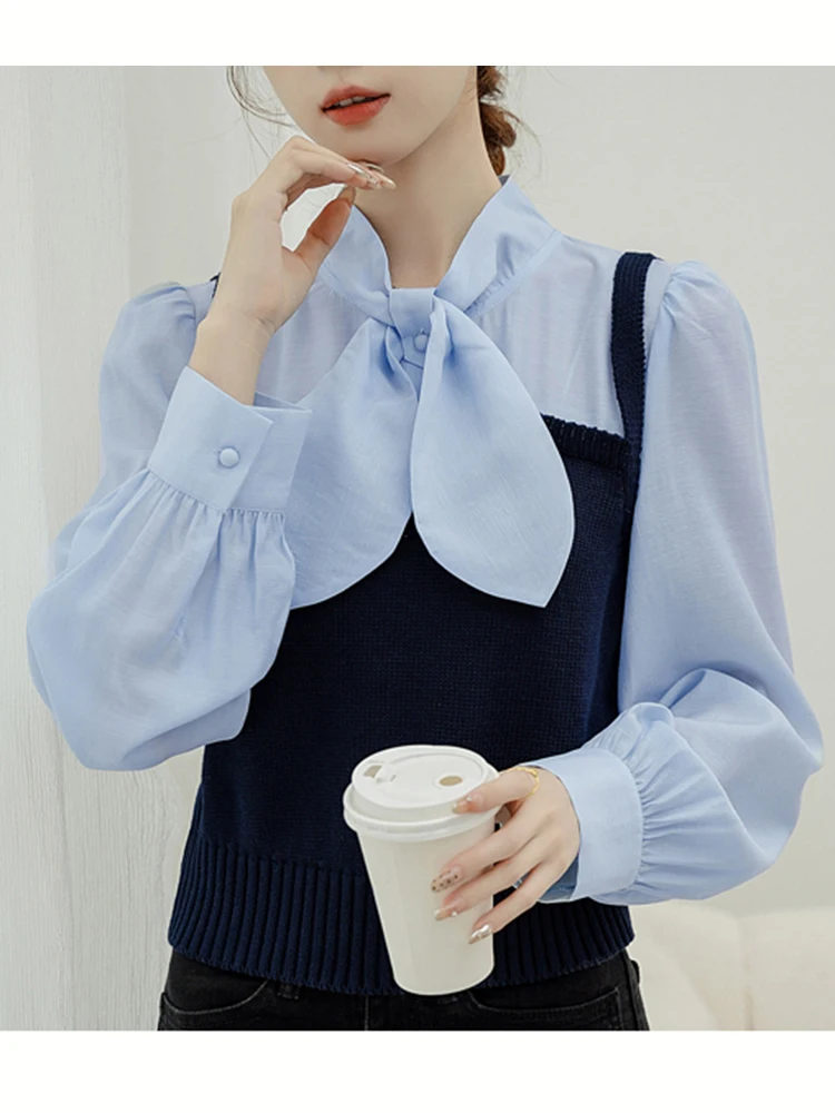 

Temperament Fake Two Long Sleeve Shirt 2024 New Bubble Sleeve Top Bow Collar Office Ladies Blosue Korean Fashion Short Shirts