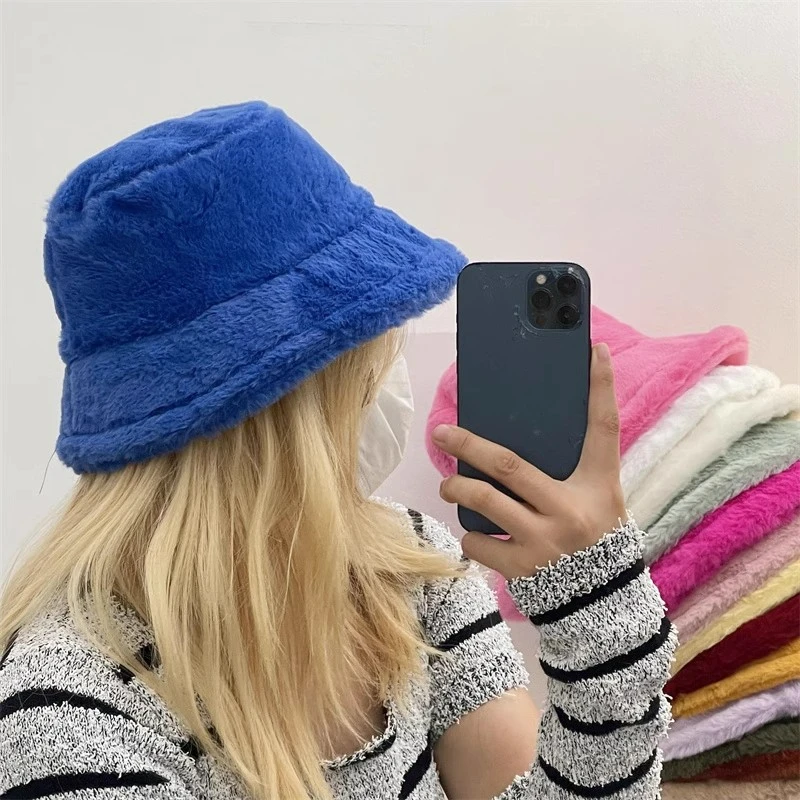 Solid Color Plush Cute Bucket Hat for Women Girls Faux Fur Fisherman\'s Hat Warm Autumn Winter Outdoor Panama Casual Caps Hats