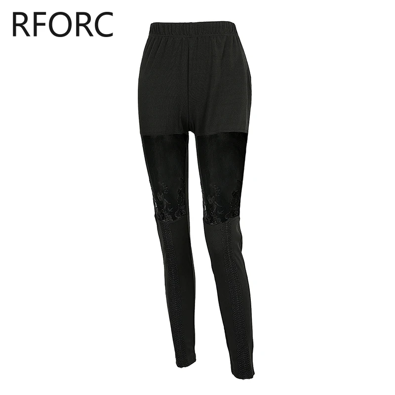 2024 Women Mesh Patchwork Elastic Waist Skinny Black Pencil Pants