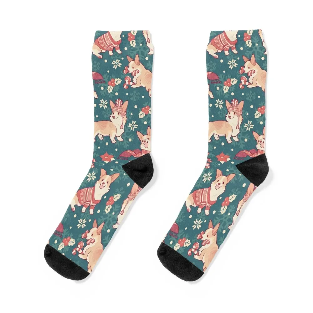 

Winter corgis in homely teal Socks compression Soccer cycling Lots Socks Female Men's