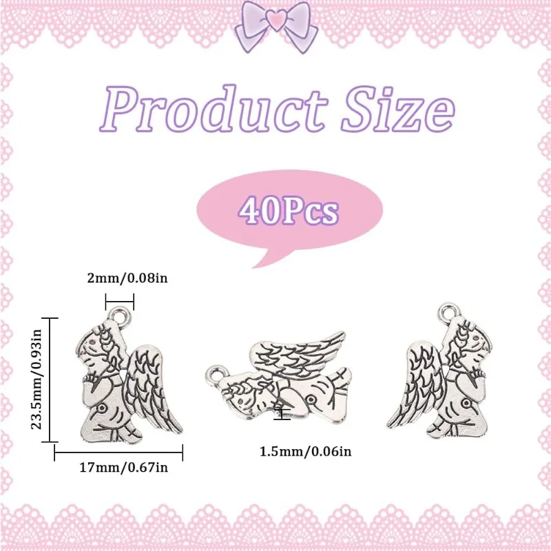 40Pcs Valentine Angel Charms Silver Guardian Angel Wing Charm Bulk Antique Tibetan Alloy Fairy Tale Pendants Wings Charms