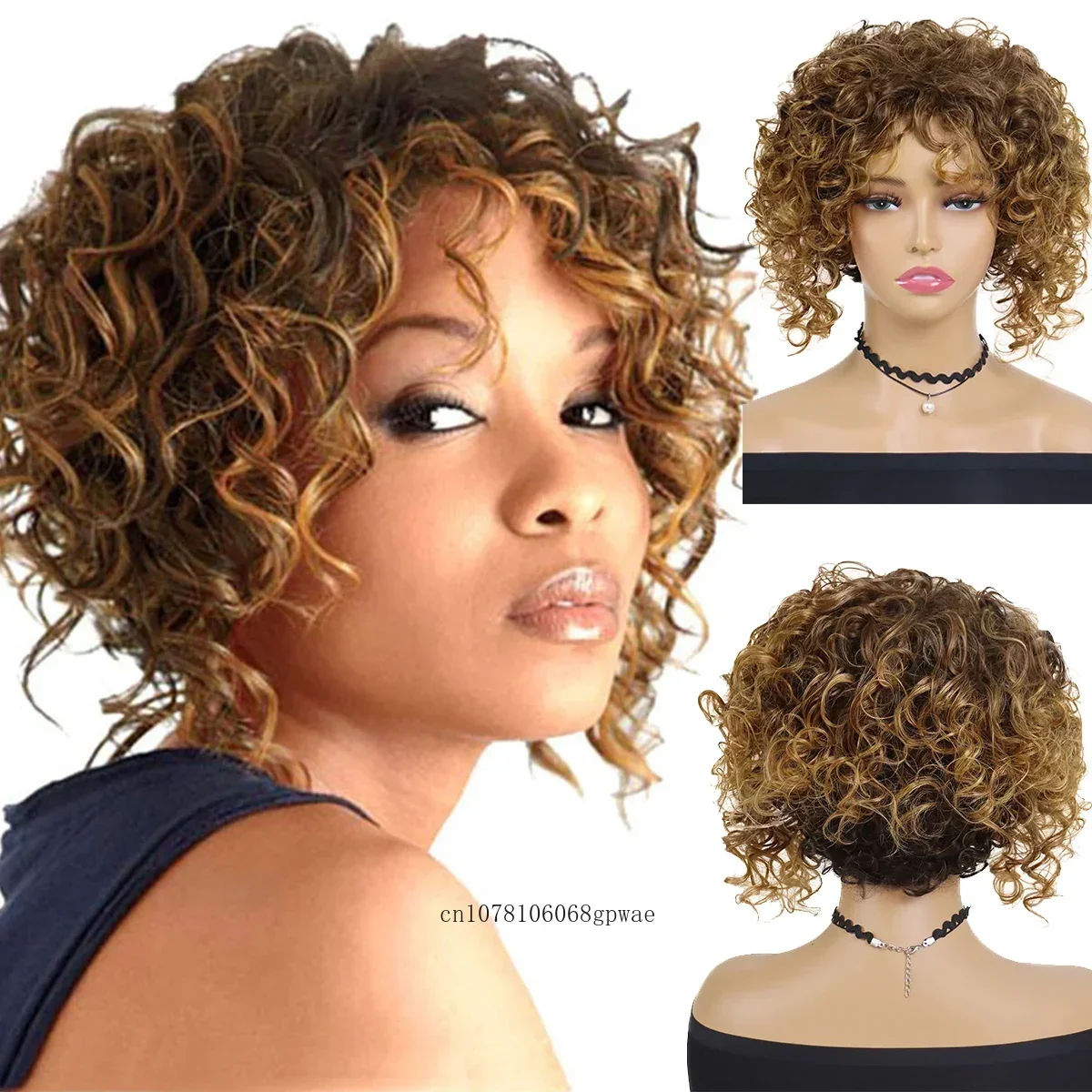 

Women's Curly Hair Synthetic Short Wig with Bangs African Afro Hairstyle Blonde Ombre Brown Wigs Daily Cosplay Halloween Party