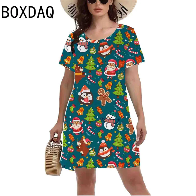 Damska sukienka świąteczna z krótkim rękawem O-Neck Casual A-Line Dress 3D Cartoon Santa Claus Christmas Tree Print Mini Dress Vestidos