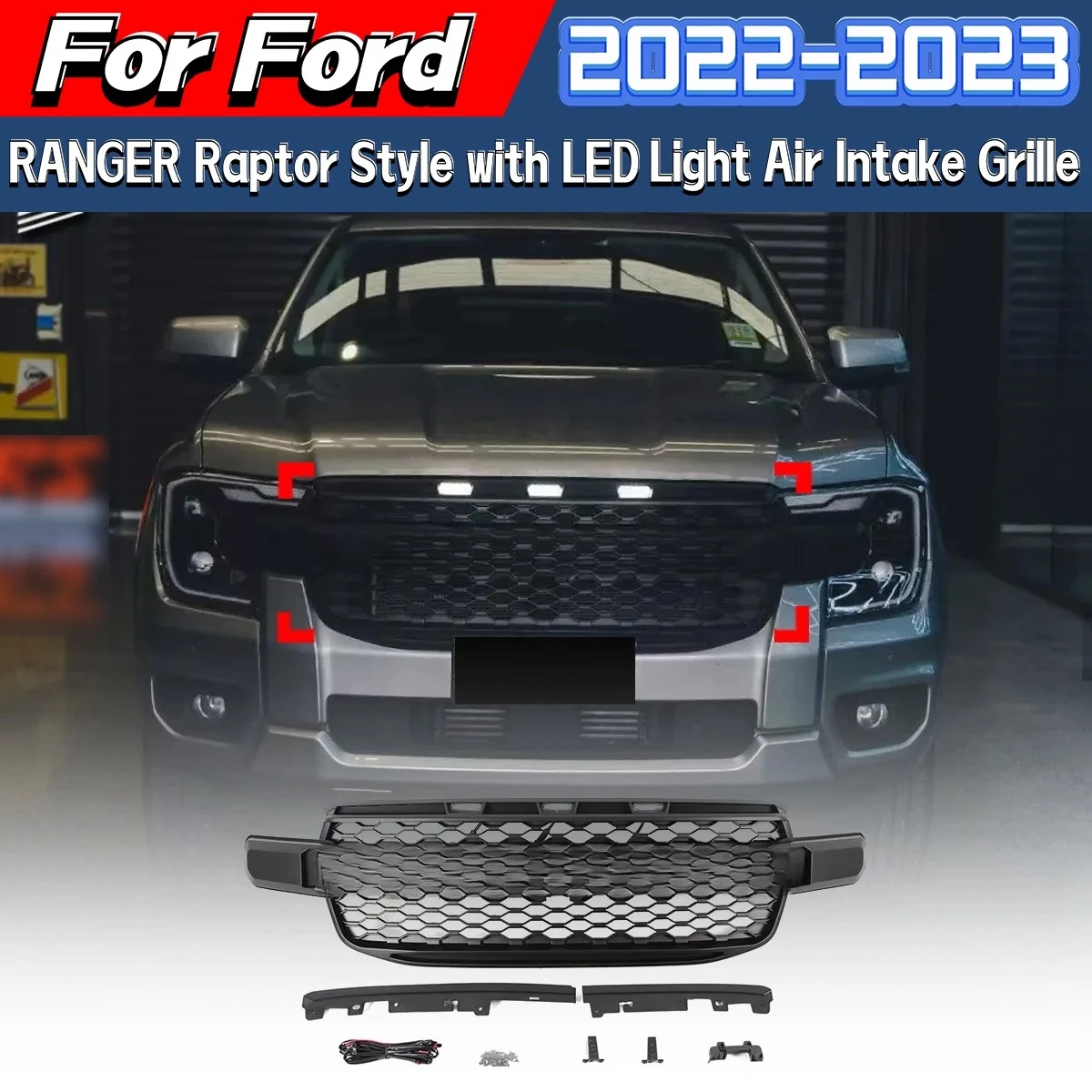 

Для Ford Ranger 2022 2023, решетка воздухозаборника в стиле Raptor с подсветкой, защитная крышка резервуара для воды автомобиля, модификация, украшение