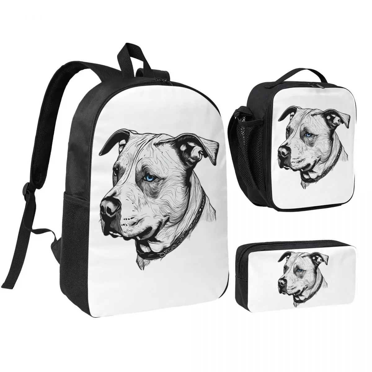

Minimalist Line Pitbull With Blue Eyes Backpack Boys Girls BookBag School Bag Shoulder Bags 3ps Insulated Lunch Bag Pencil Case