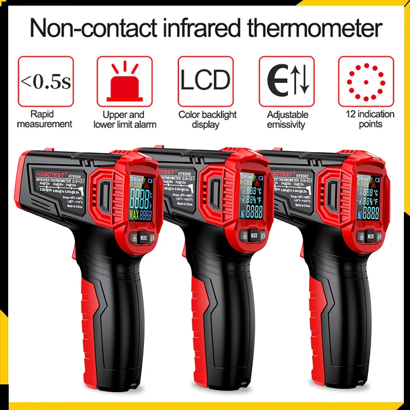 Non-contact Industrial Infrared Thermometer LCD Digital Color Screen High Precision Temperature Meter Adjustable Emissivity