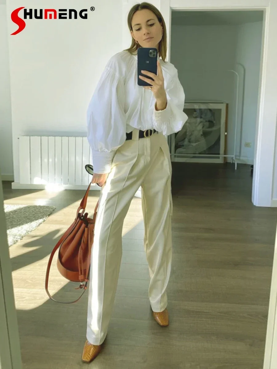 

2023 Autumn New Fashion White High-Waist Wide Leg Pants Straight Casual Trousers Feminine Fashion Business Women's Pants