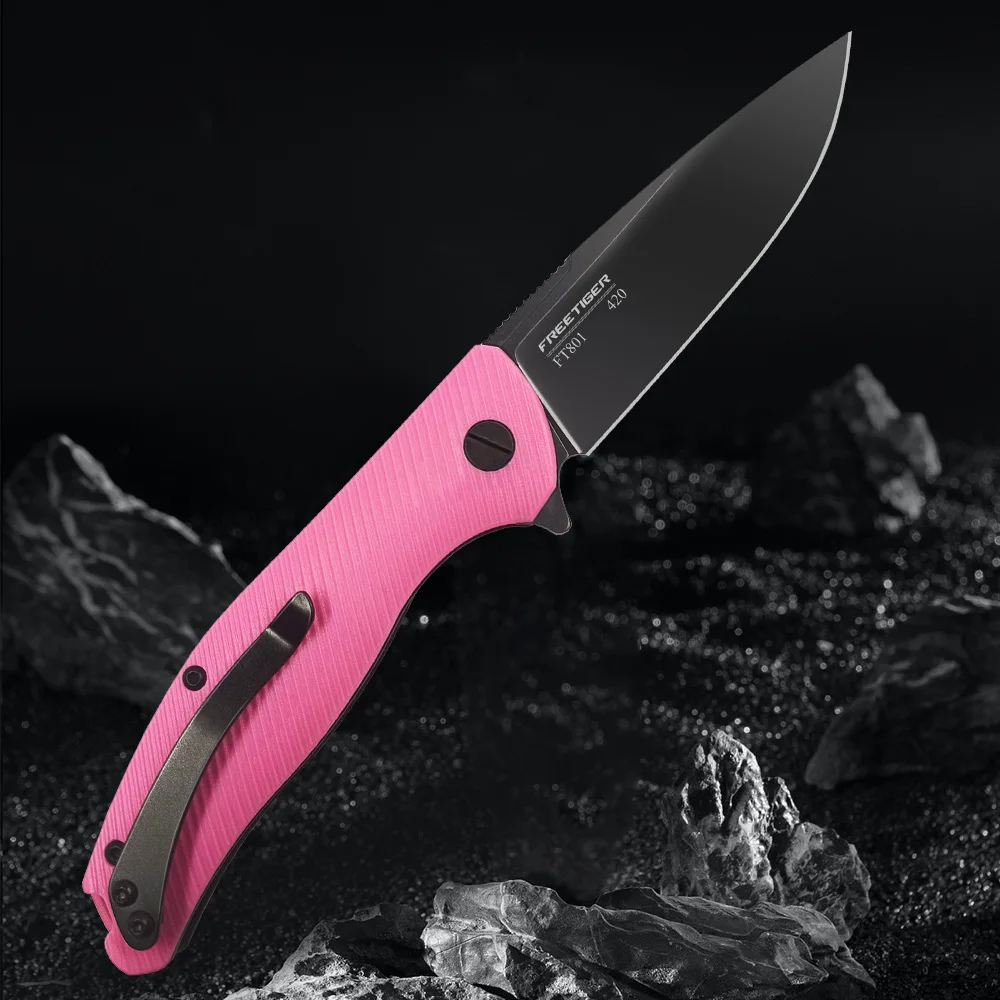 FREETIGER Folding Knife 420 Blade Nylon Fiber Handle Hunting Survival Green Pink Pocket Knife Women\'s EDC Tool FT801