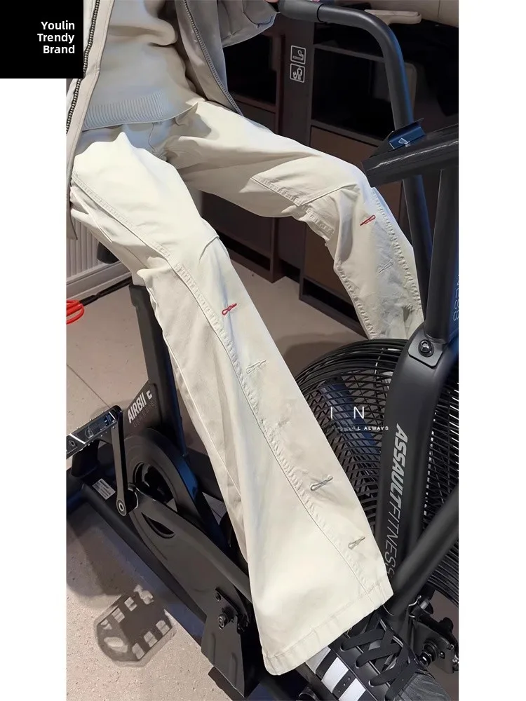 

Cleanfit High Waist hine Embroidered Diagonal Cut Denim Jeans Men's Trendy Vintage American Straight Leg Micro Flared Pants