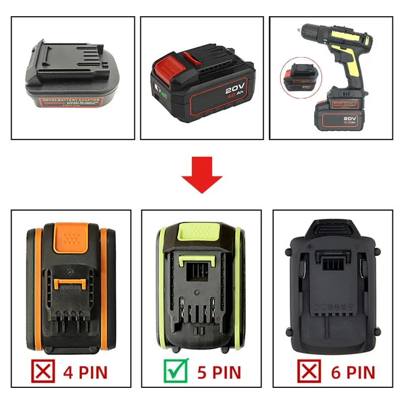 Imagem -04 - Conversor Adaptador de Bateria 20v 5pin Verde para Madeira Ferramentas Elétricas Dev20-li-ion