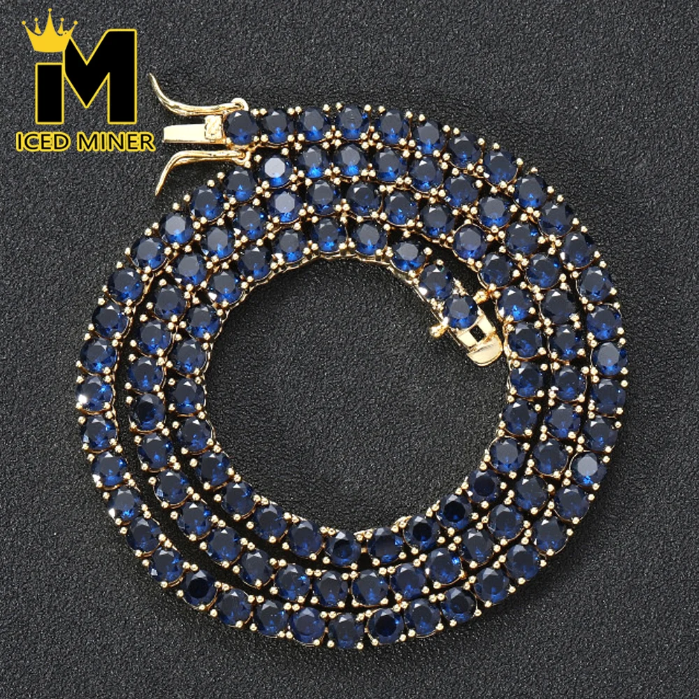 All New 4mm Icedminer Deep Blue Zircon Iced Out Tennis Link Chain Necklaces for Men Women Hip Hop Jewelry Free Shipping