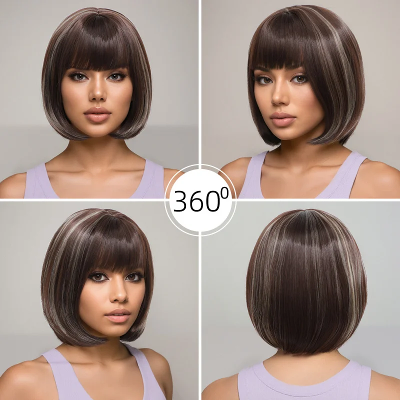New short straight hair with bangs bobo European-style synthetic fiber wig for women full head cover