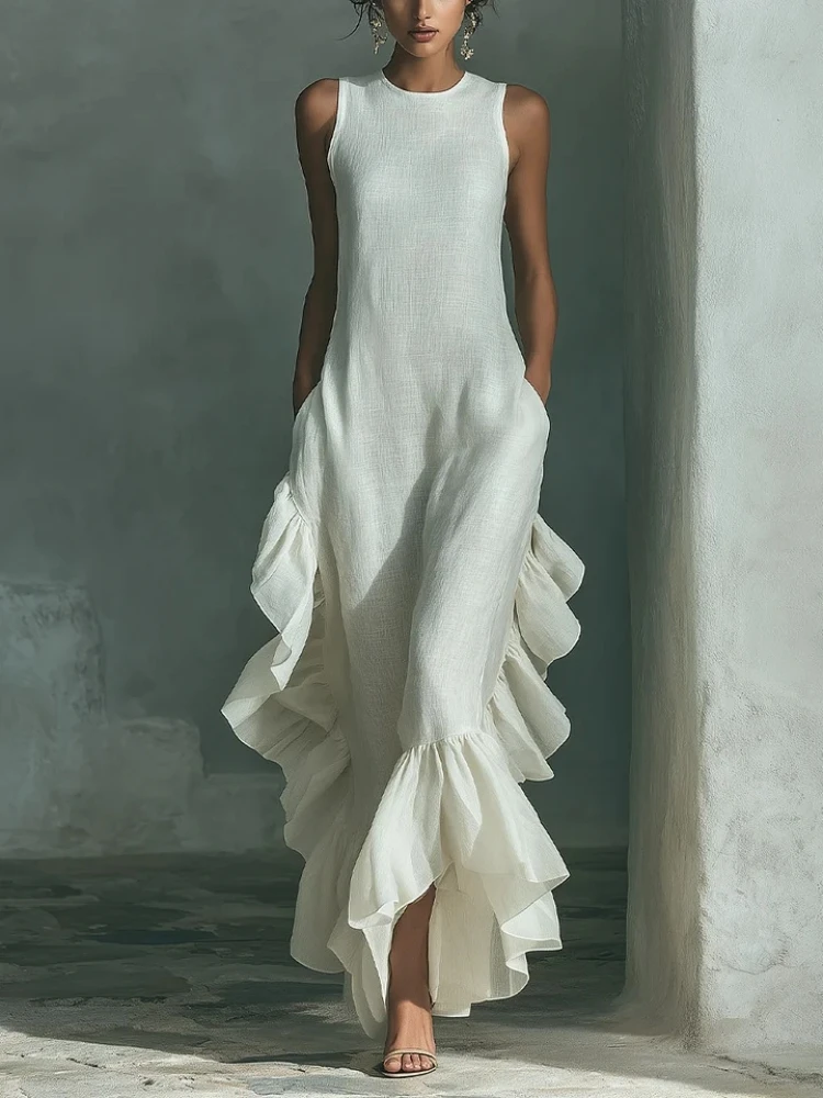 Elegantes Einfarbiges Rüschen-Maxikleid für Damen 2026 – Modisches ärmelloses Sommerkleid mit O-Ausschnitt, Rüschensaum und Tank-Top-Stil für den Boho-Urlaub am Strand