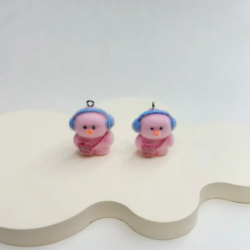 30pcs Cute flocking resin Headset duck Charms Cartoon animals doll pendant For Bag keychain Handmade DIY Jewelry Accessories