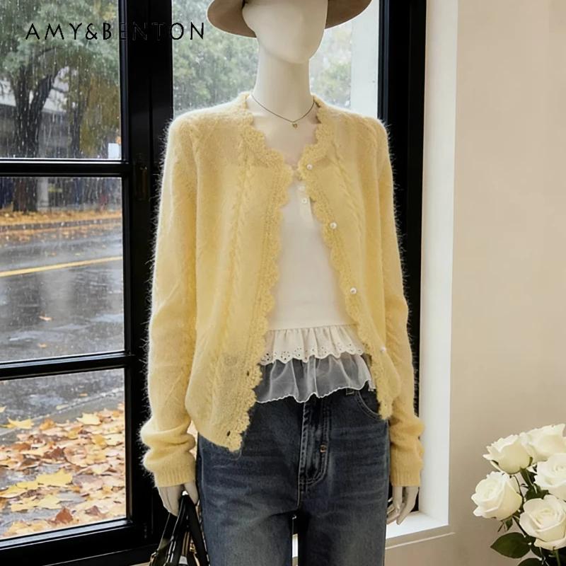 

Корейский дизайн, нежный стиль, тонкий вязаный женский кардиган, весна-осень 2026, новая универсальная высококачественная кофта на пуговицах, женская куртка-свитер