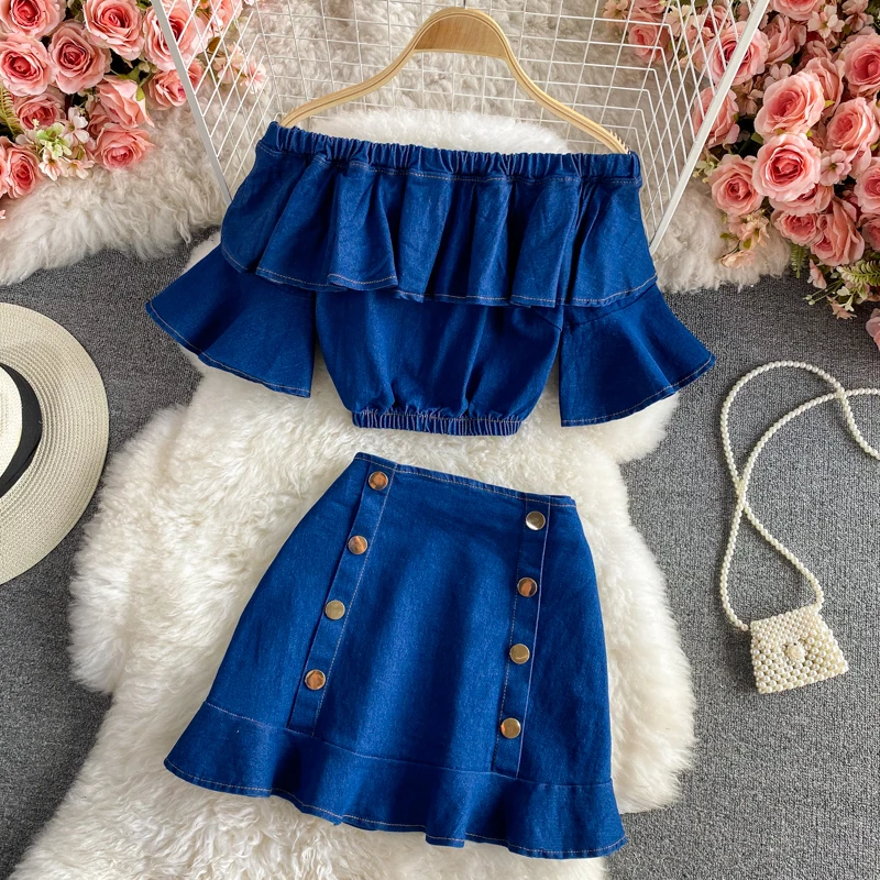 

2025 summer temperament off shoulder flared sleeves top high waist fish tail half body skirt casual denim two-piece set