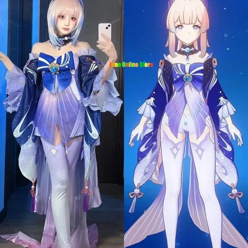 

ss23Sangonomiya Genshin Impact Kokomi Топ Платье Комплект Косплей Костюм Одежда с Украшением Назад Парик
