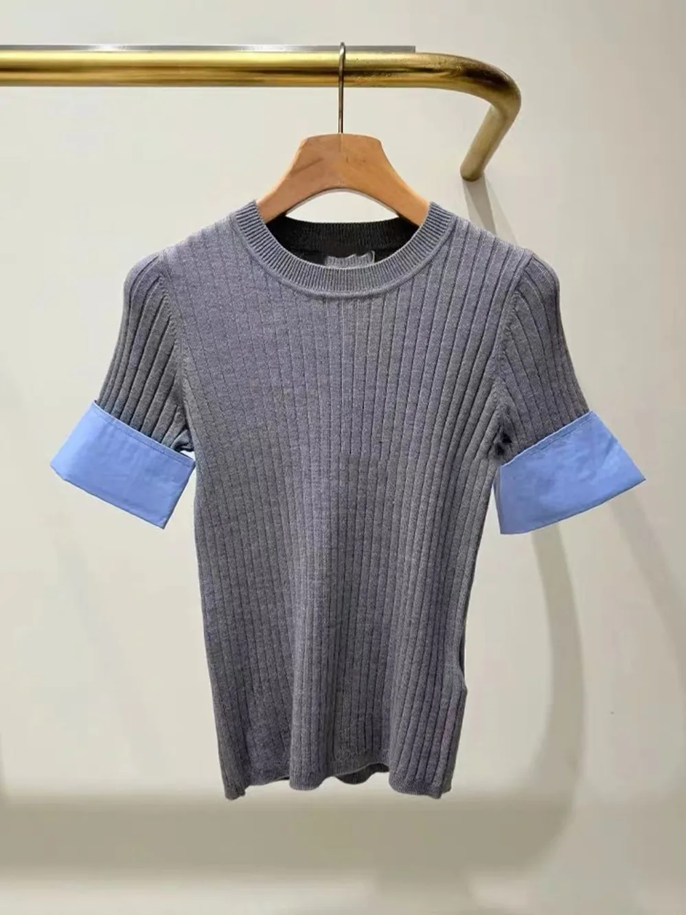 

Ele round Ne Трикотажный топ irt Sve Splice Slim Fit Высококачественная версия Европейский Sle Домашний дизайн Sensation Simple Sle