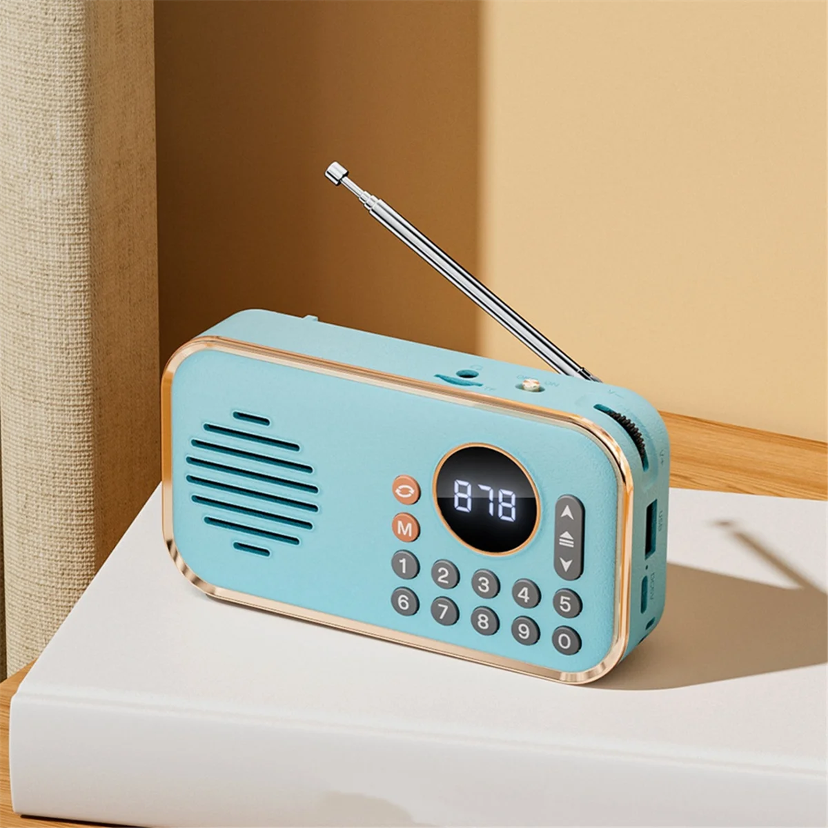 Radio FM portátil recargable, pequeño altavoz inalámbrico Bluetooth, envolvente sonido estéreo USB, Radios Vintage azules