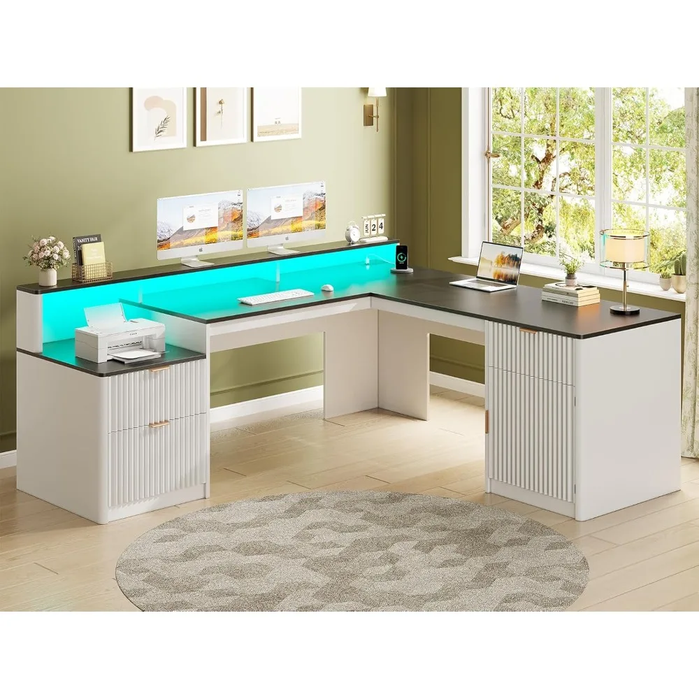 

66 modern L-shaped office desk with drawers, recessed home desk with filing cabinet and printer rack, wooden administrative desk