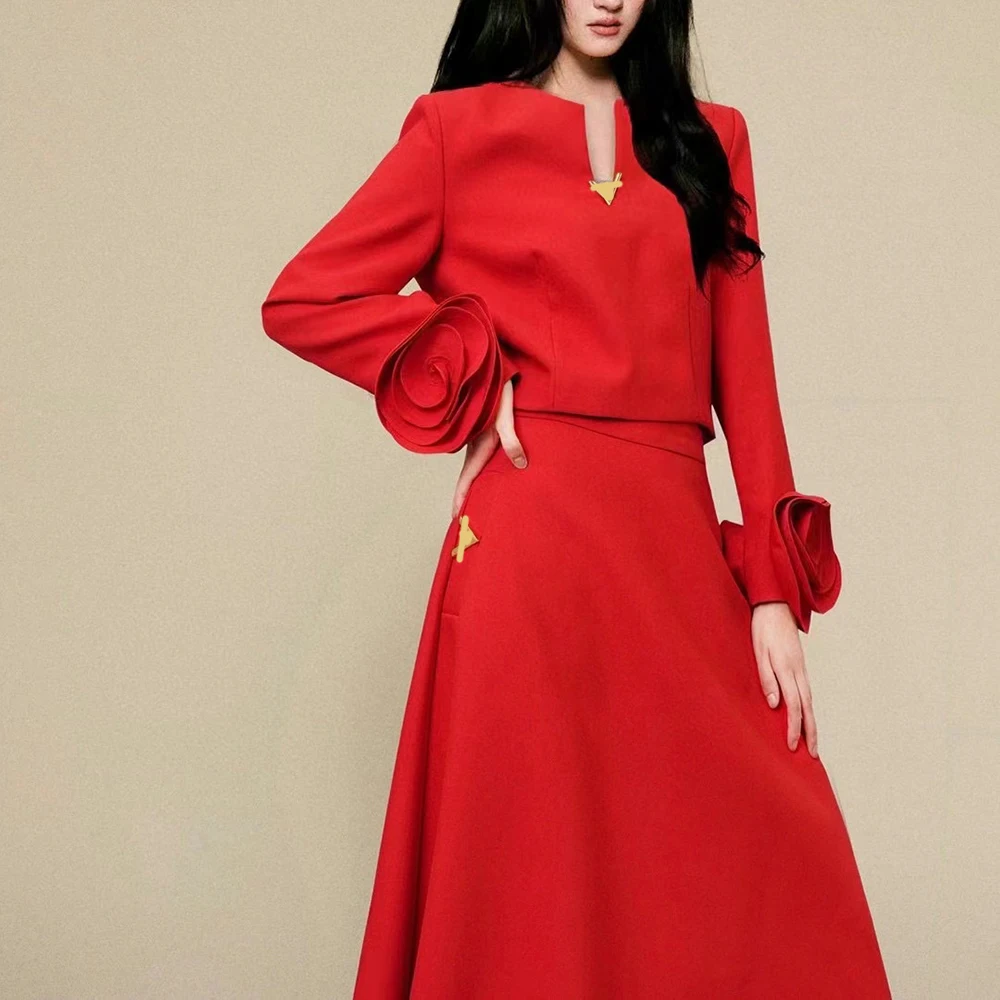 TWOTWINSTYLE Solid Two Piece Set For Women V Neck Long Sleeve Spliced Appliques Top High Waist Loose Skirt Elegant Sets Female