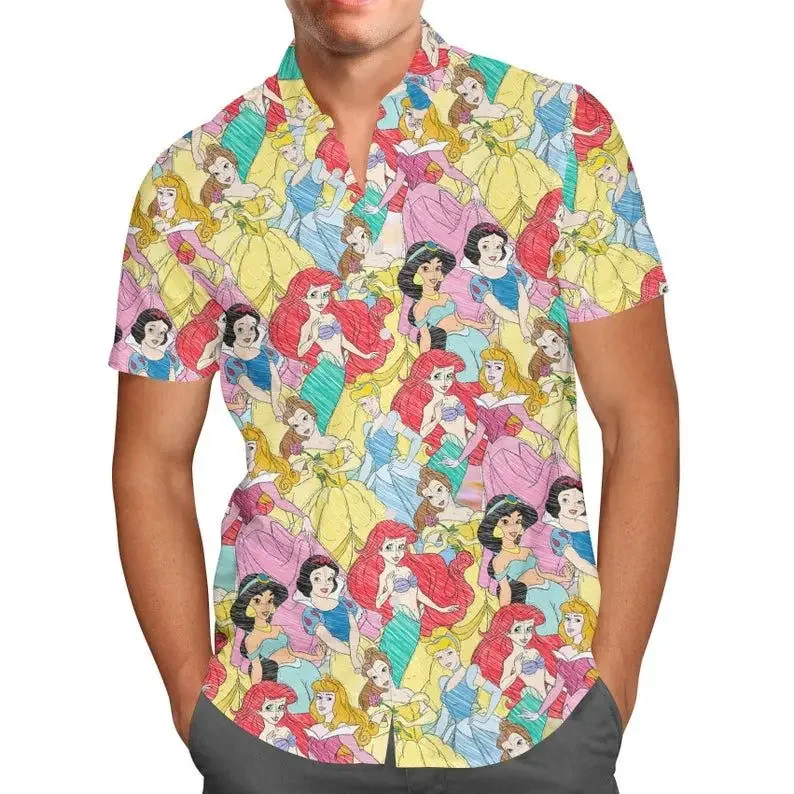 Disney Princess Sketches Hawaiian shirt Men Women Fashion Disney Short Sleeve Hawaiian Casual Shirt Vintage Button Down Shirt