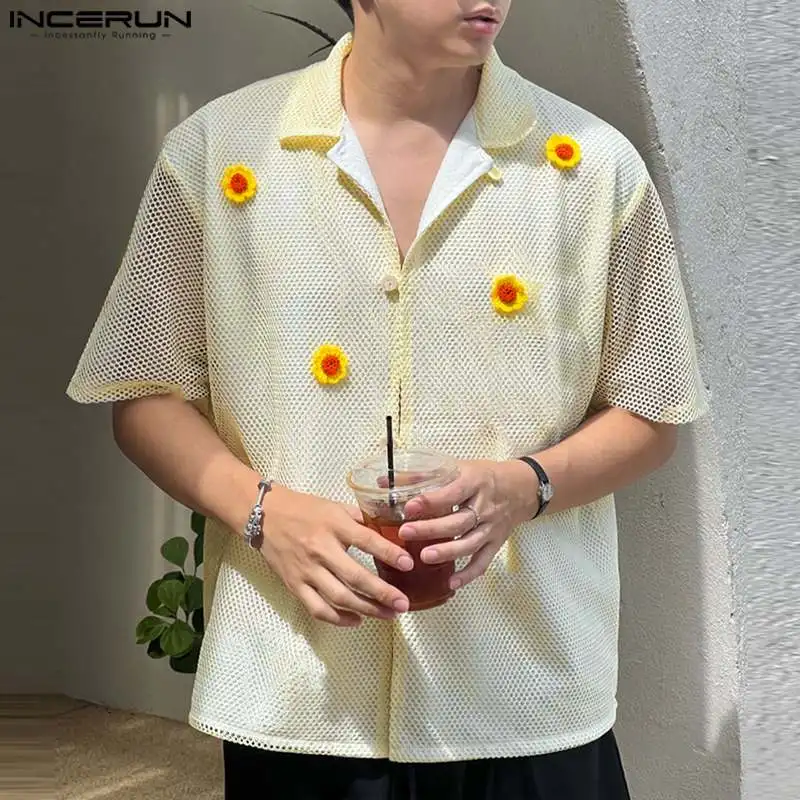 INCERUN Tops 2024 Korean Style Men Stylish Hollow Braid Flower Shirts Casual Streetwear Male Splicing Short Sleeved Blouse S-5XL