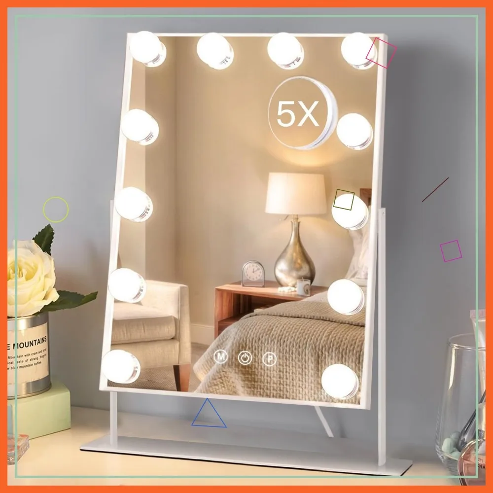 

Vanity Mirror with 12 Dimmable LED Lights, 3 Color Modes, 5X Magnification, Touch Control & 360° Rotation (White, Gift Box)