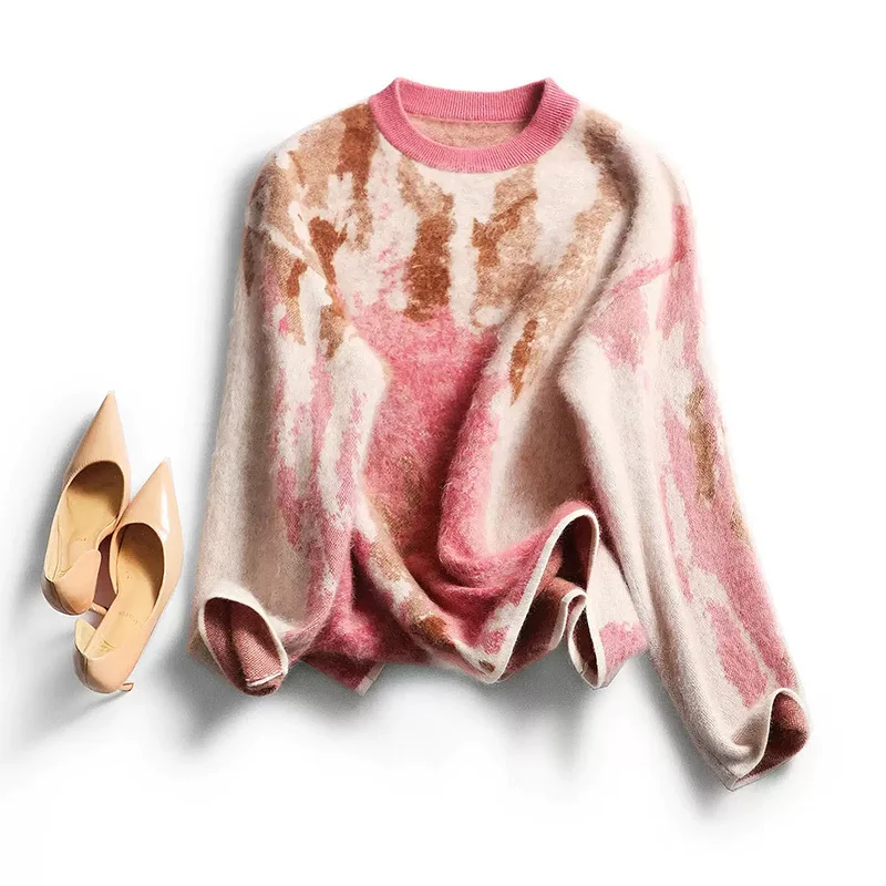 

Зимний жаккардовый свитер с начесом и градиентом, женские пуловеры из 95% шерсти,5% кашемира, свободный трикотаж с круглым вырезом