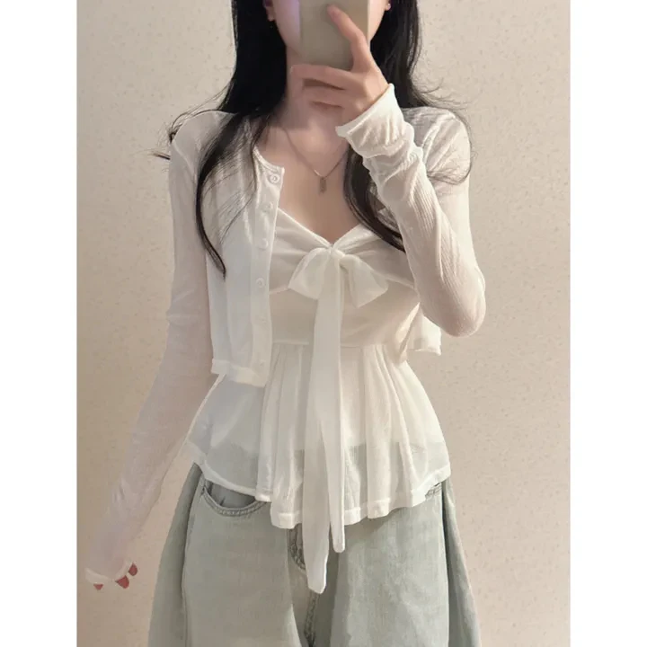 2 pezzi set autunno primavera 2026 volant francese stile chic scollo a V canotta + cardigan a maniche lunghe camicetta allentata capispalla femminile (hg7280