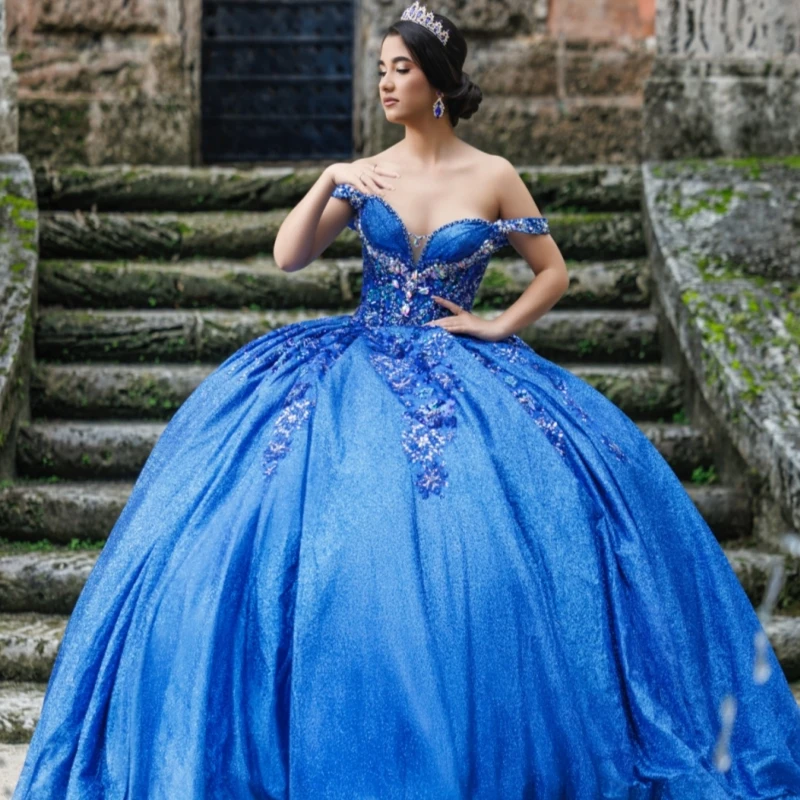 

Blue Shiny Quinceanera Dresses Off The Shoulder Sequin Applique Lace Beading Tull Corset Party Birthday Sweet 16 Dress Vestidos