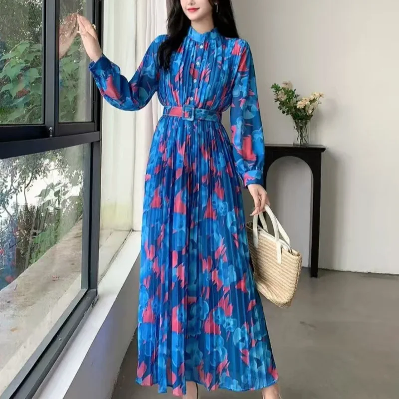 HKSH Primavera Autunno Nuove donne vestono fiore stampato colletto alla coreana maniche lunghe pieghe con cintura abiti eleganti casual francesi HK17034