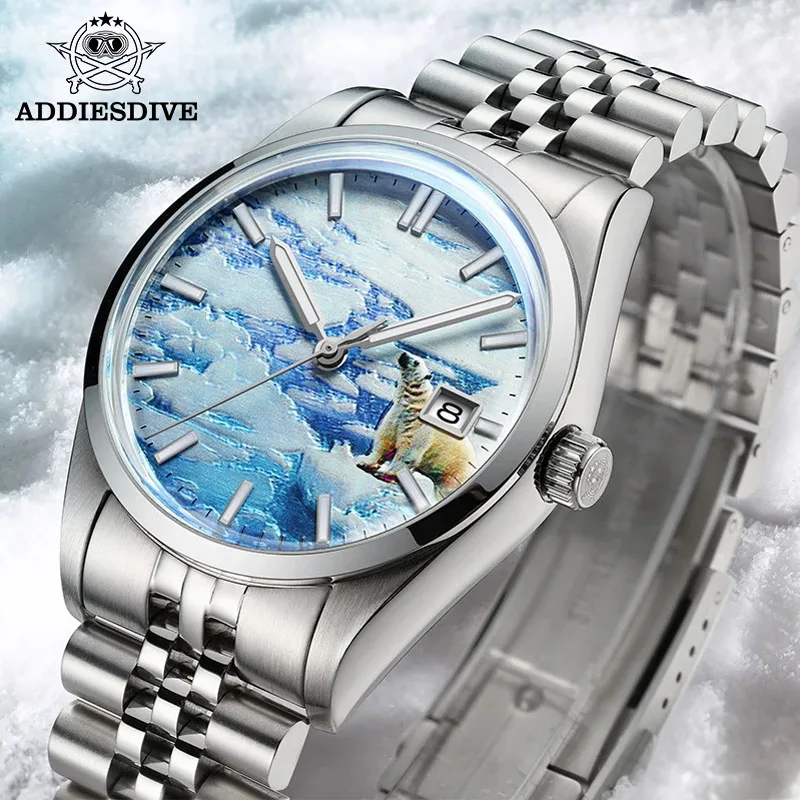 ADDIESDIVE Unique 3D Glacier Automatic Mechanical Watch 39mm Stainless Steel Bubber Mirror Glass Calendar 100m Luminous Watches